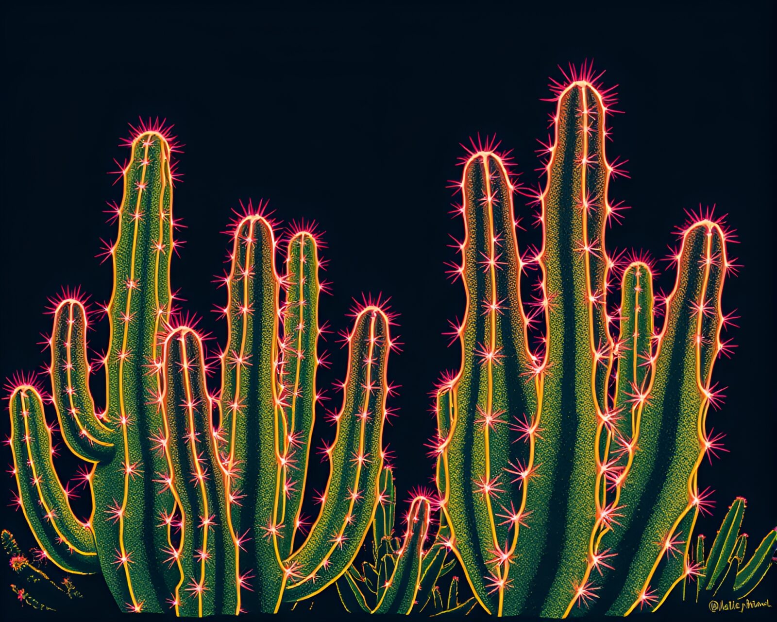 Vibrant neon cactus in linocut print style with split-toning