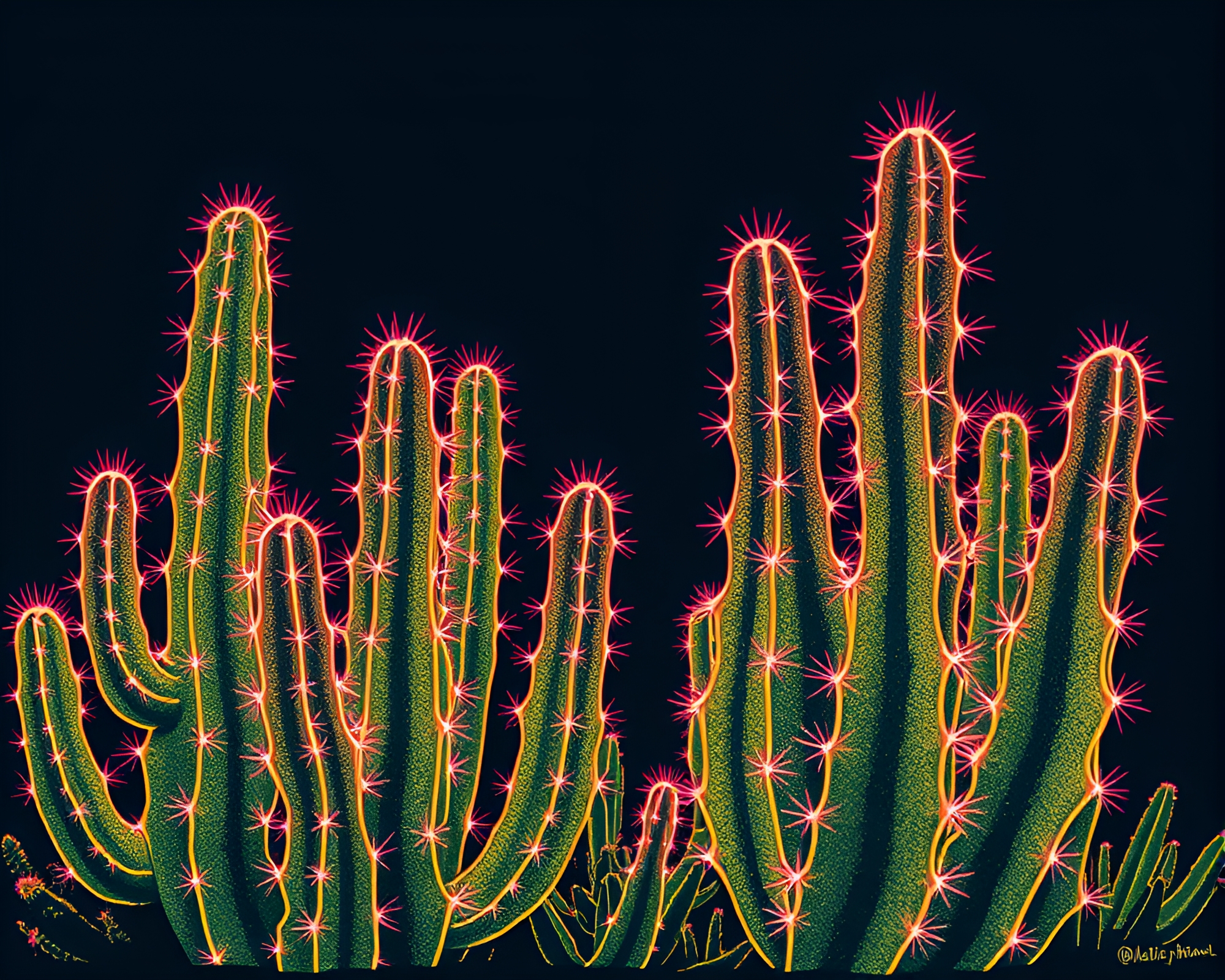 Neon Cactus Linocut Print Illuminated by Split Toning Light – free AI stock image