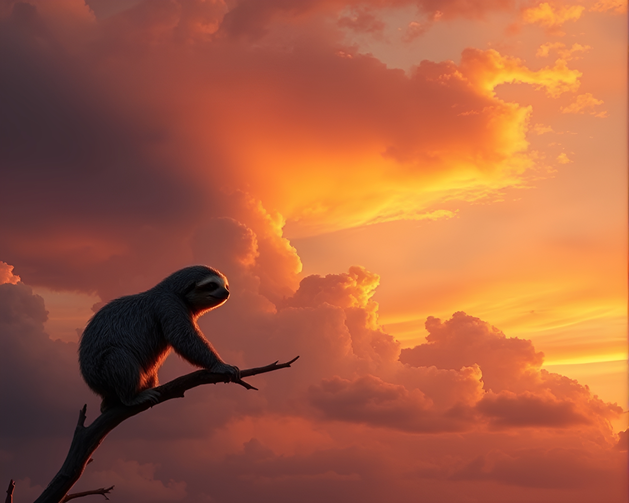 Sloth basking in golden sunset amidst unique cloud formations – free AI stock image