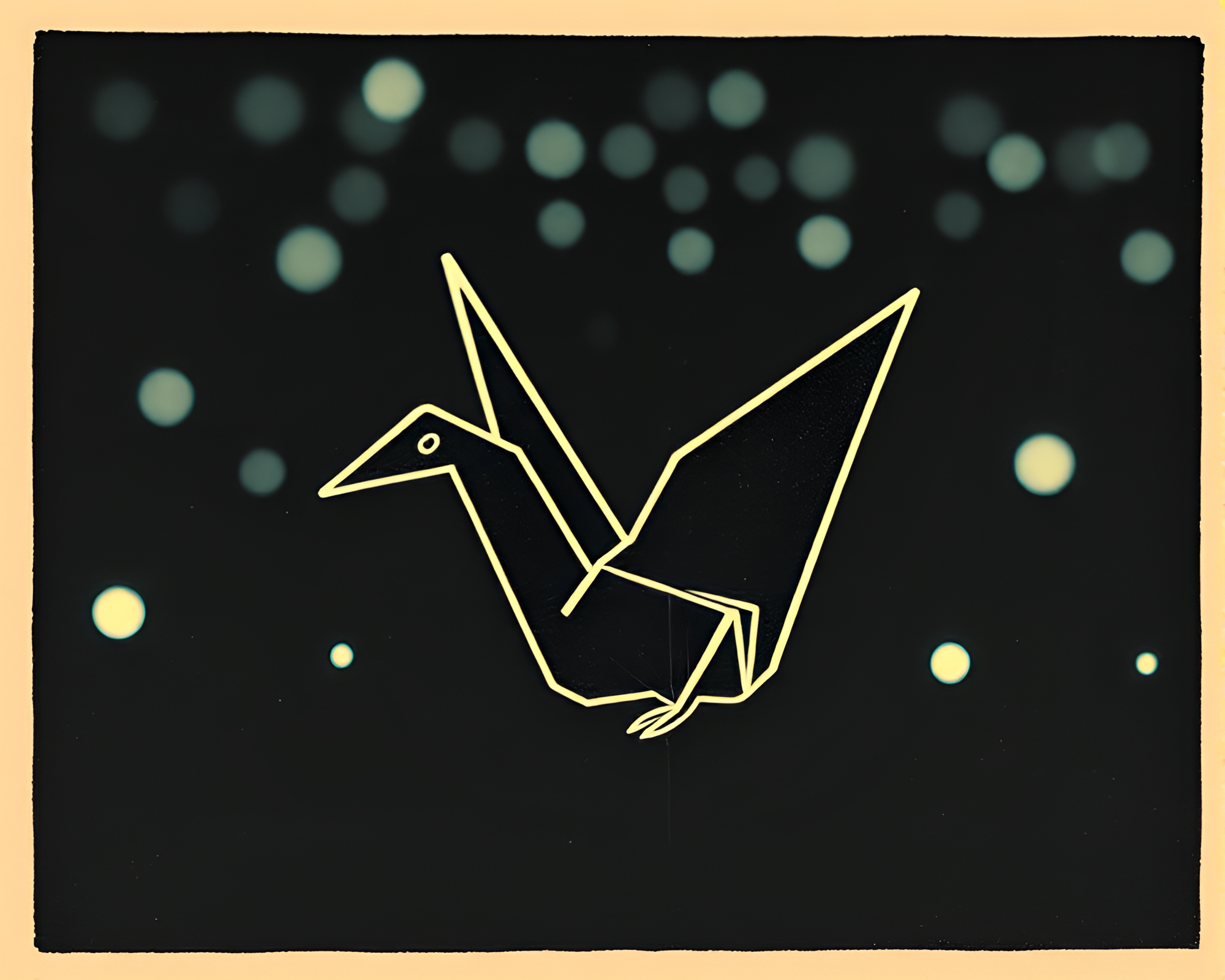 Phosphorescent Origami Cranes in Macro Woodblock Print – free AI stock image