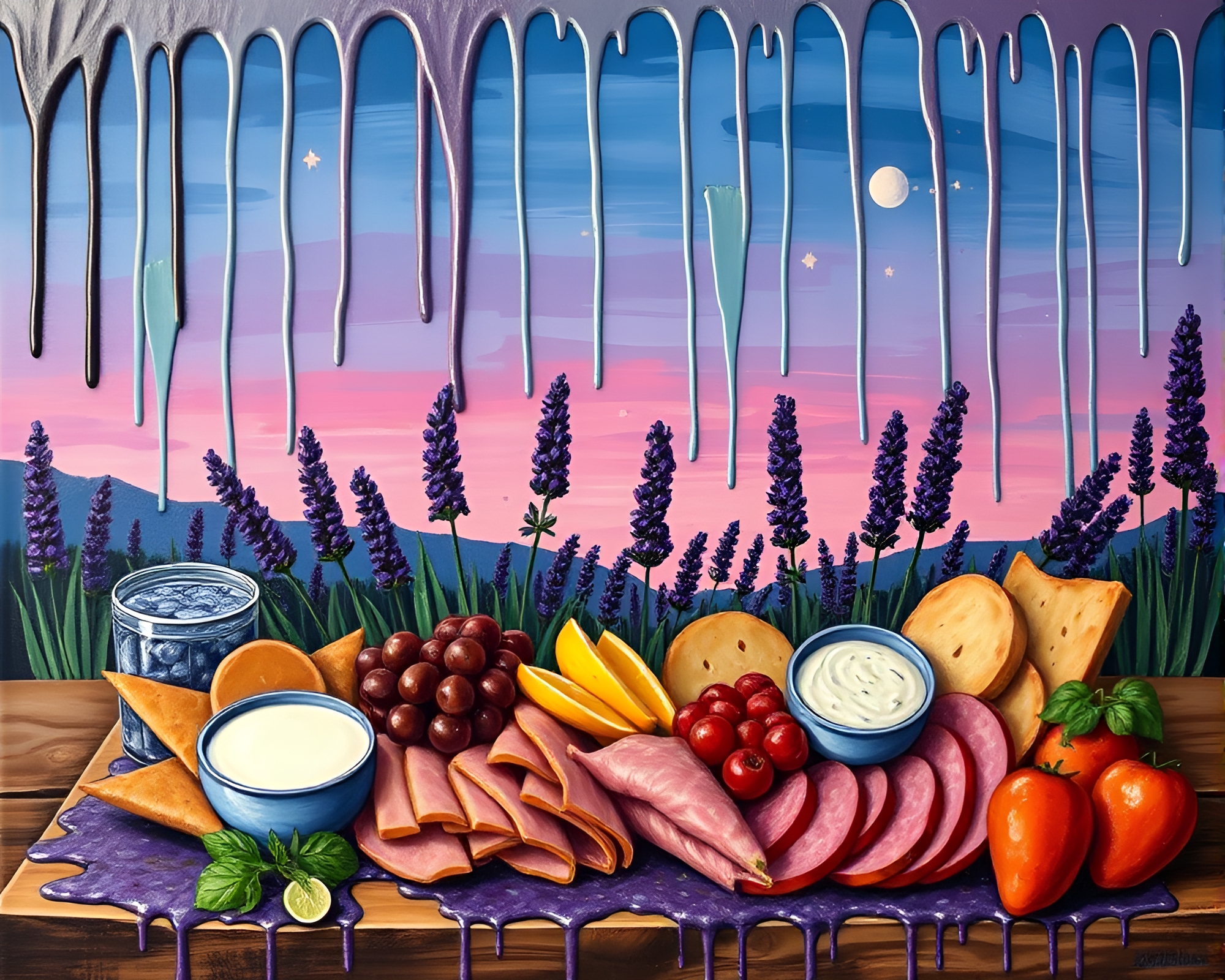 Graffiti Drips on Lavender Twilight Charcuterie Board – free AI stock image