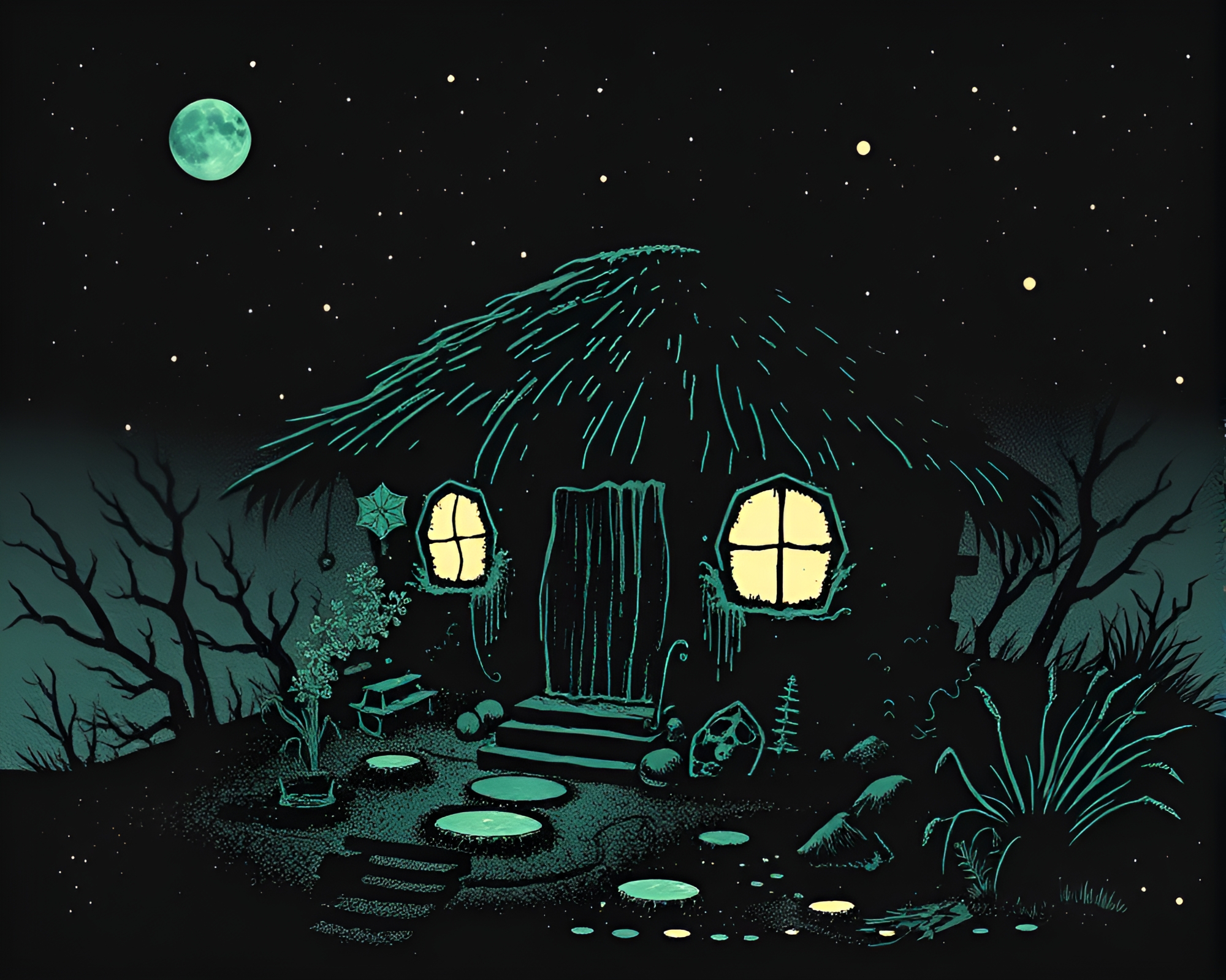 Glitchy Necromantic Mud Hut in Screenprint Dots – free AI stock image