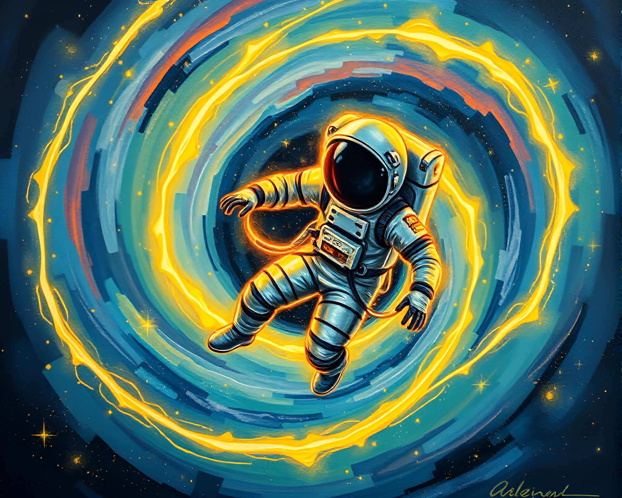 Astronaut Floating through Fluorescent Golden Spiral Universe – free AI stock image