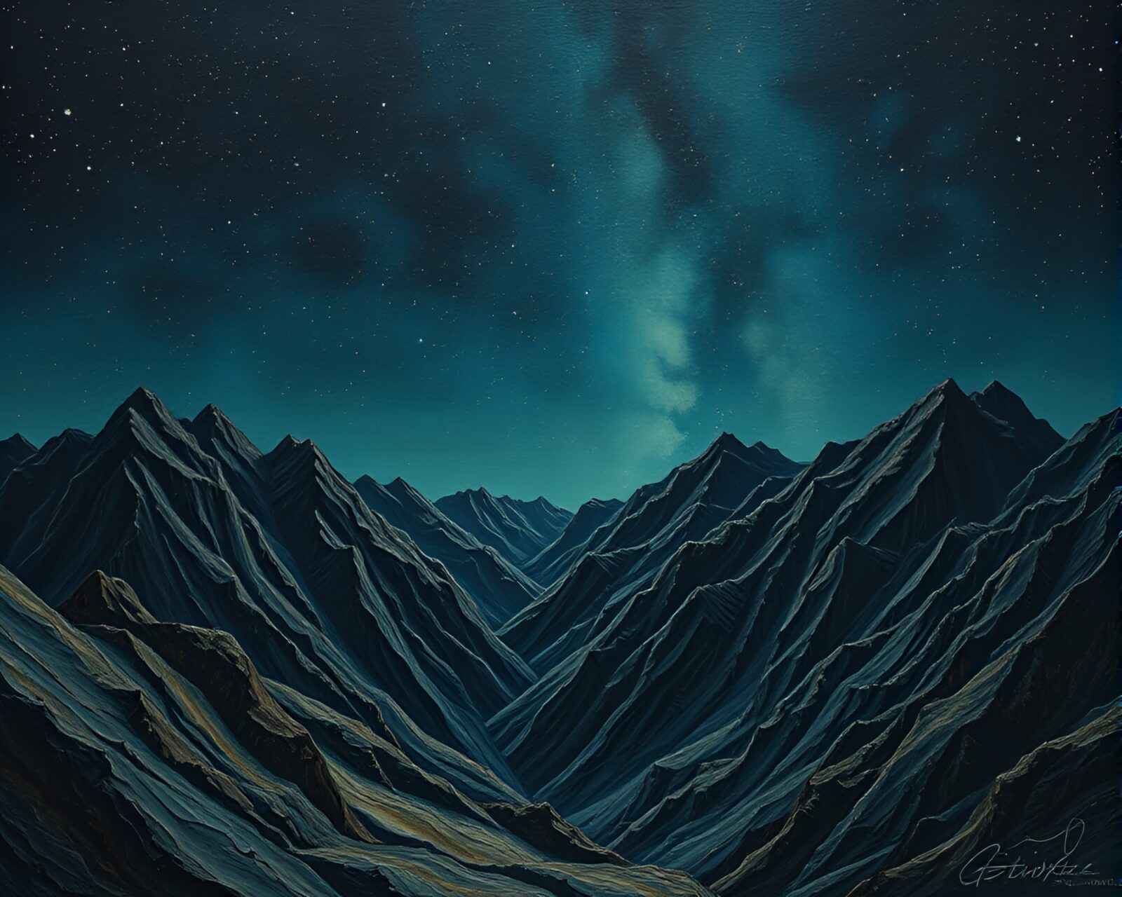 Dark oil impasto ridges with eerie Lovecraftian beings