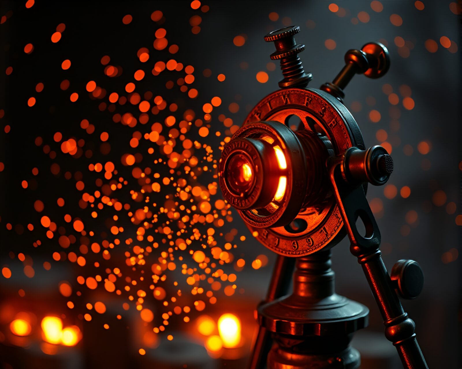 Vintage navigational instrument surrounded by glowing ashes and light beams