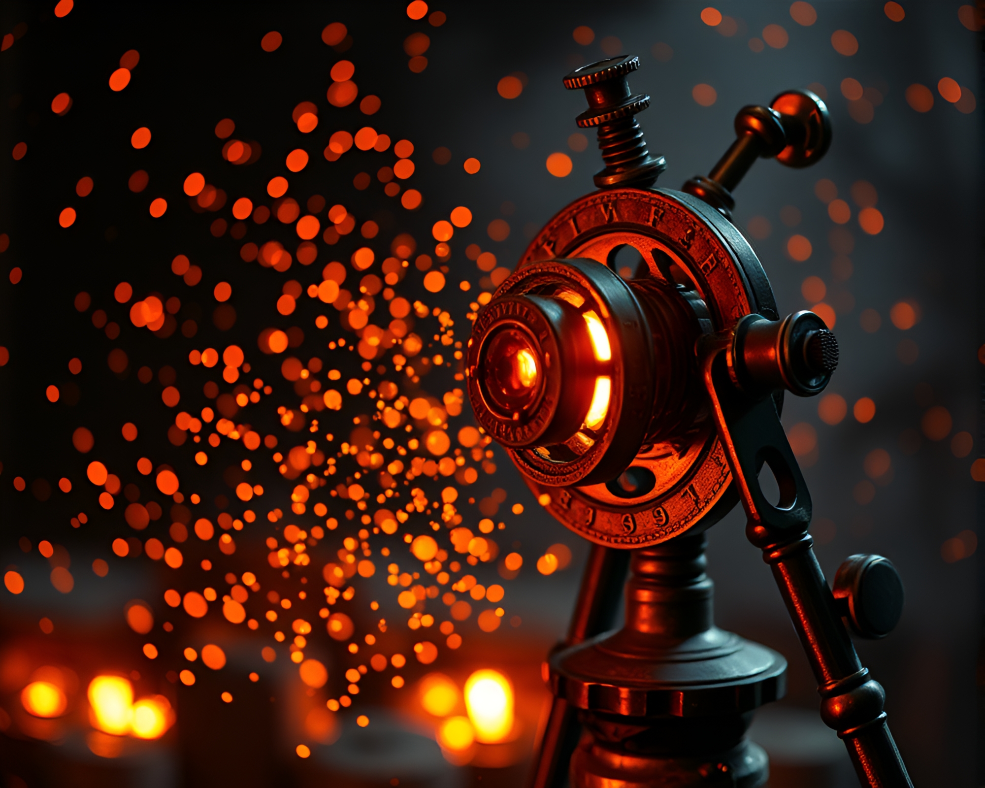 Antique Sextant amidst Floating Embers in Spotlight – free AI stock image