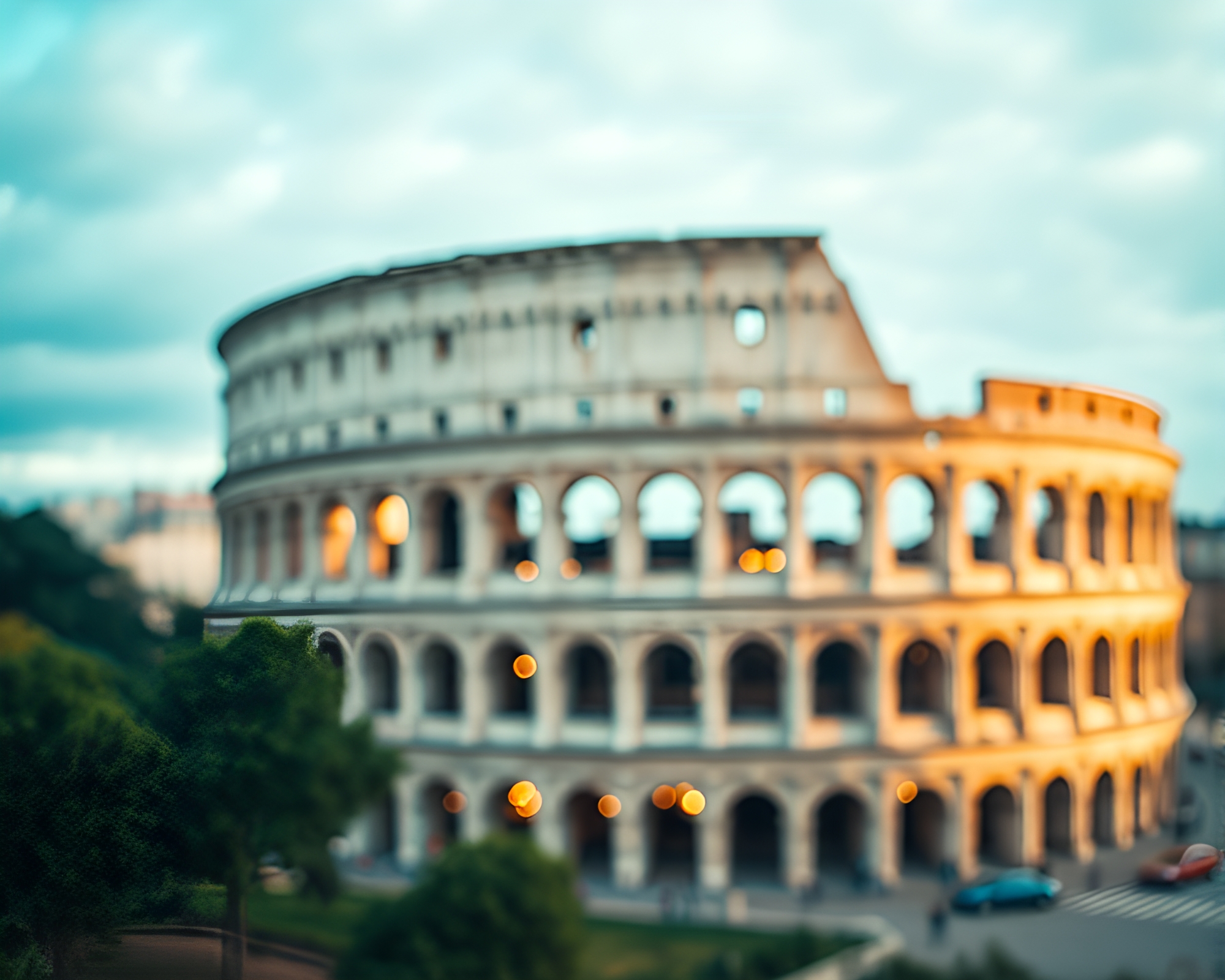 Mint Green Bokeh Coliseum Miniature Scene – free AI stock image