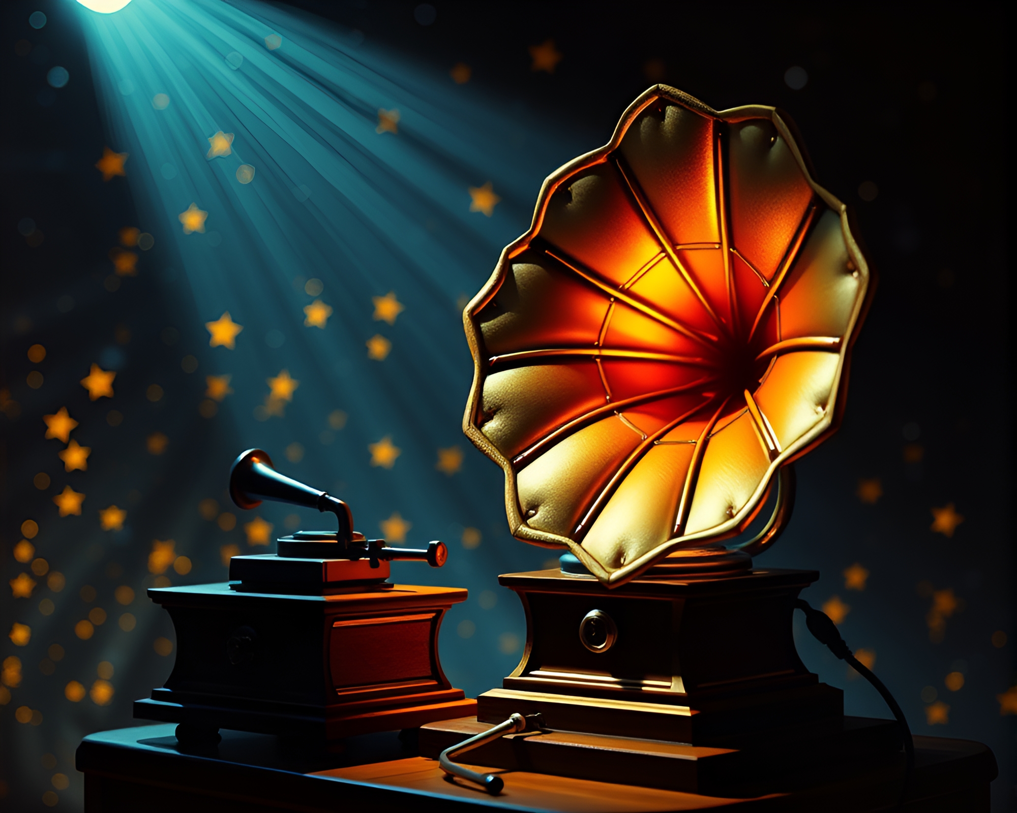 Steampunk Gramophone: Vocal Star Trails Spotlight – free AI stock image