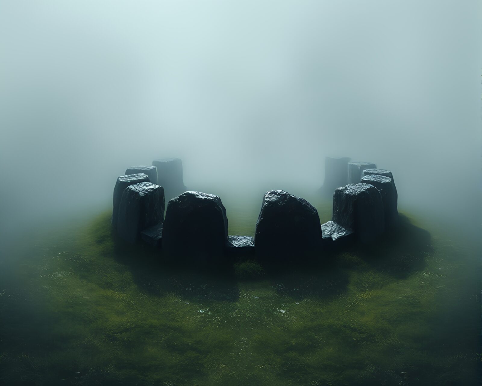 Surreal matte painting of mystical stone circle glistening with dew