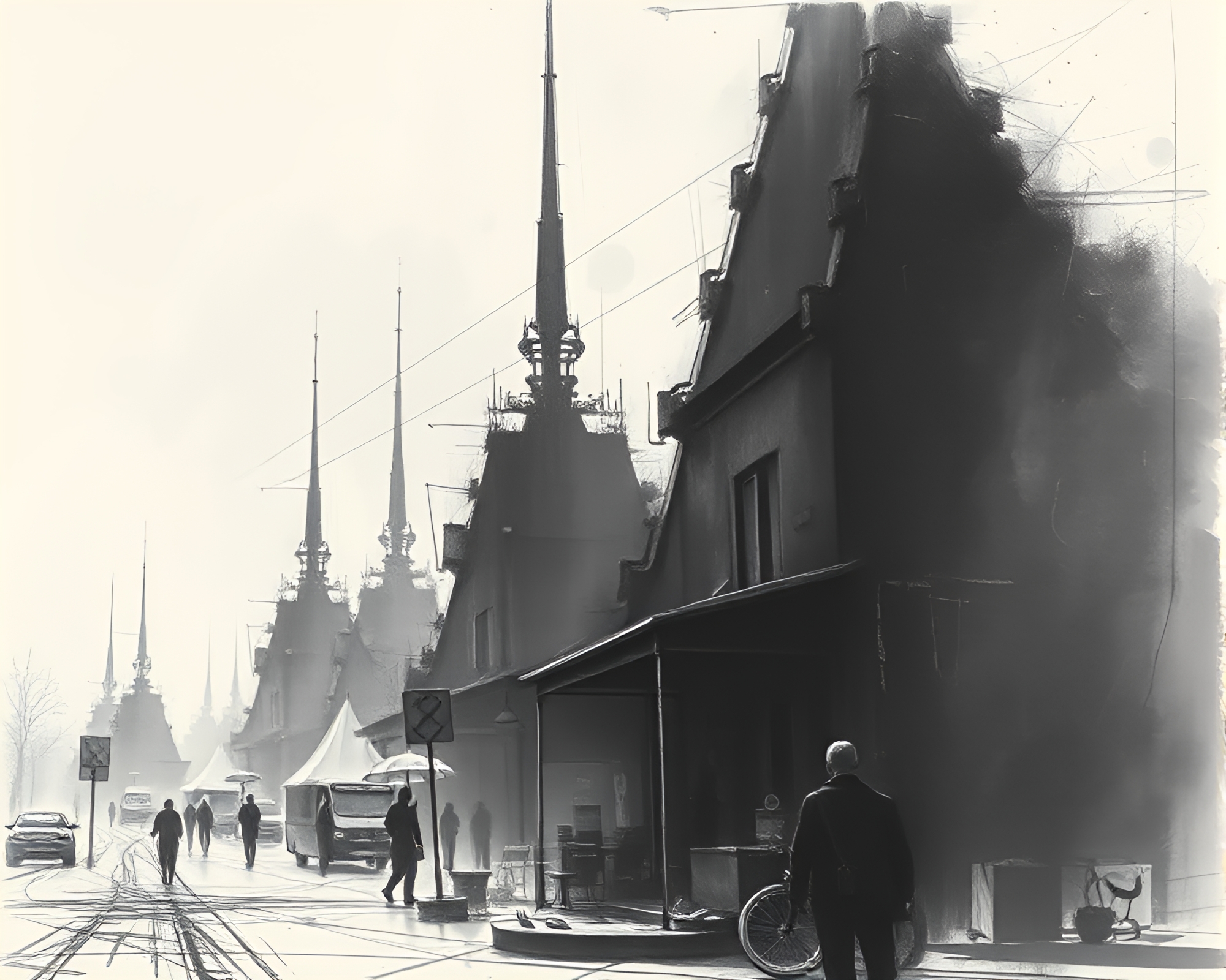 Surreal Retro Futurism Charcoal Sketch in Dutch Angle – free AI stock image