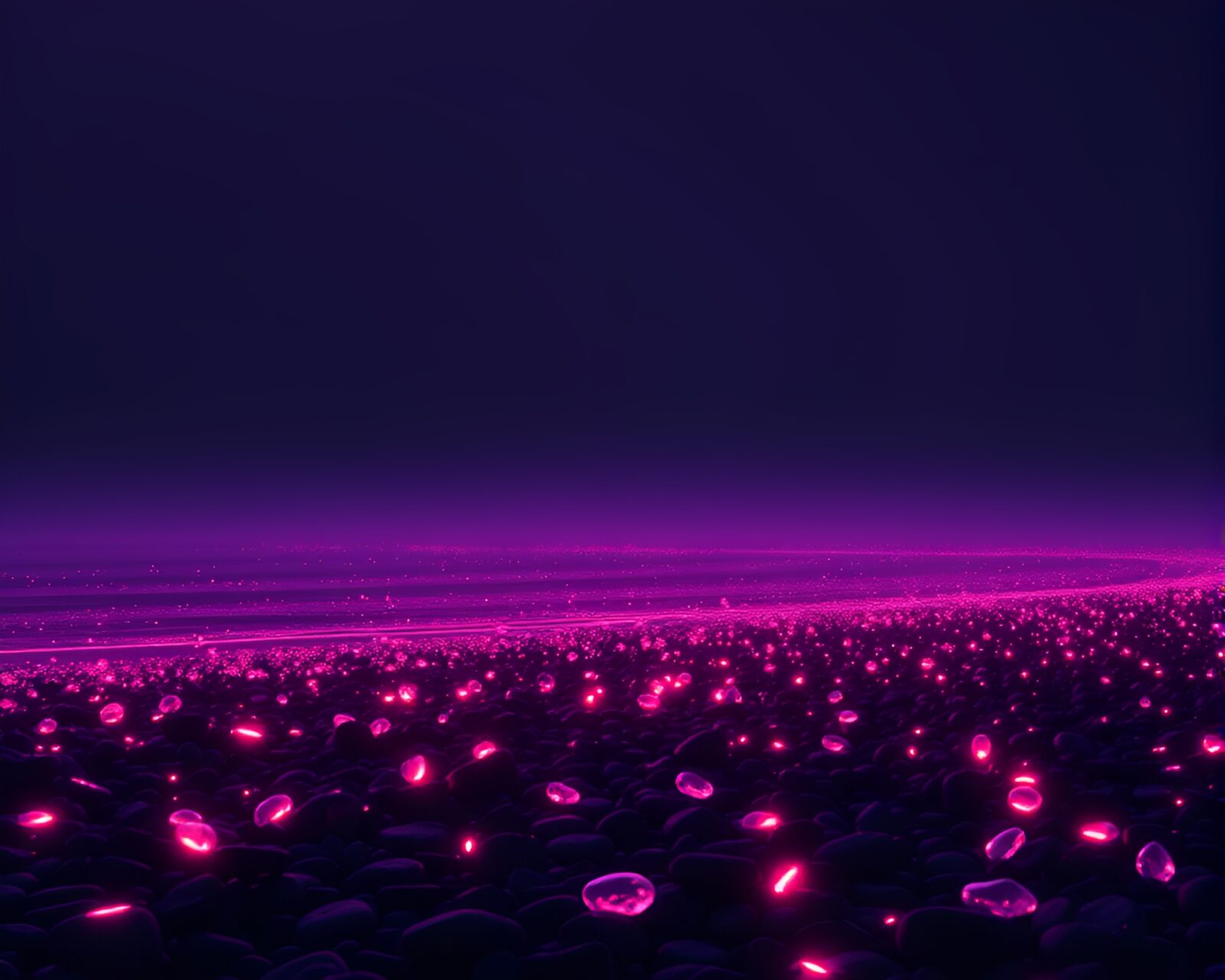 Silhouette wireframe scene on glowing pebble beach at night