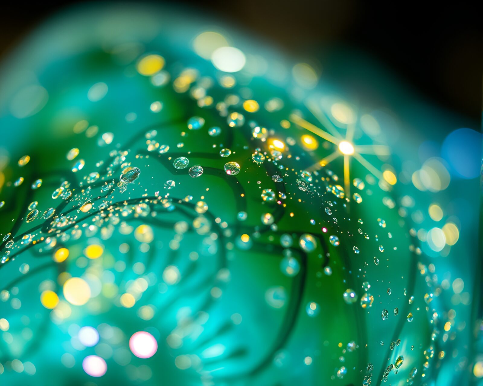 Close-up shot of vivid, patterned Murano glass reflecting fairy lights
