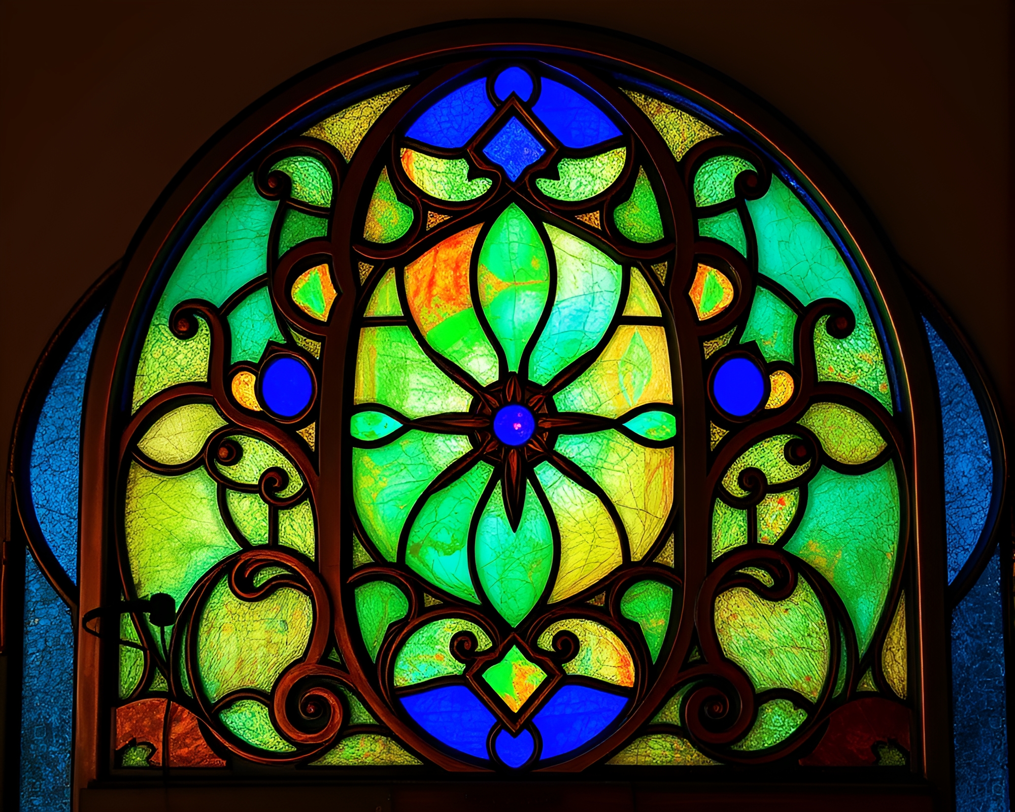 Copper Verdigris Stained-Glass Window with LED Cobalt Accents – free AI stock image