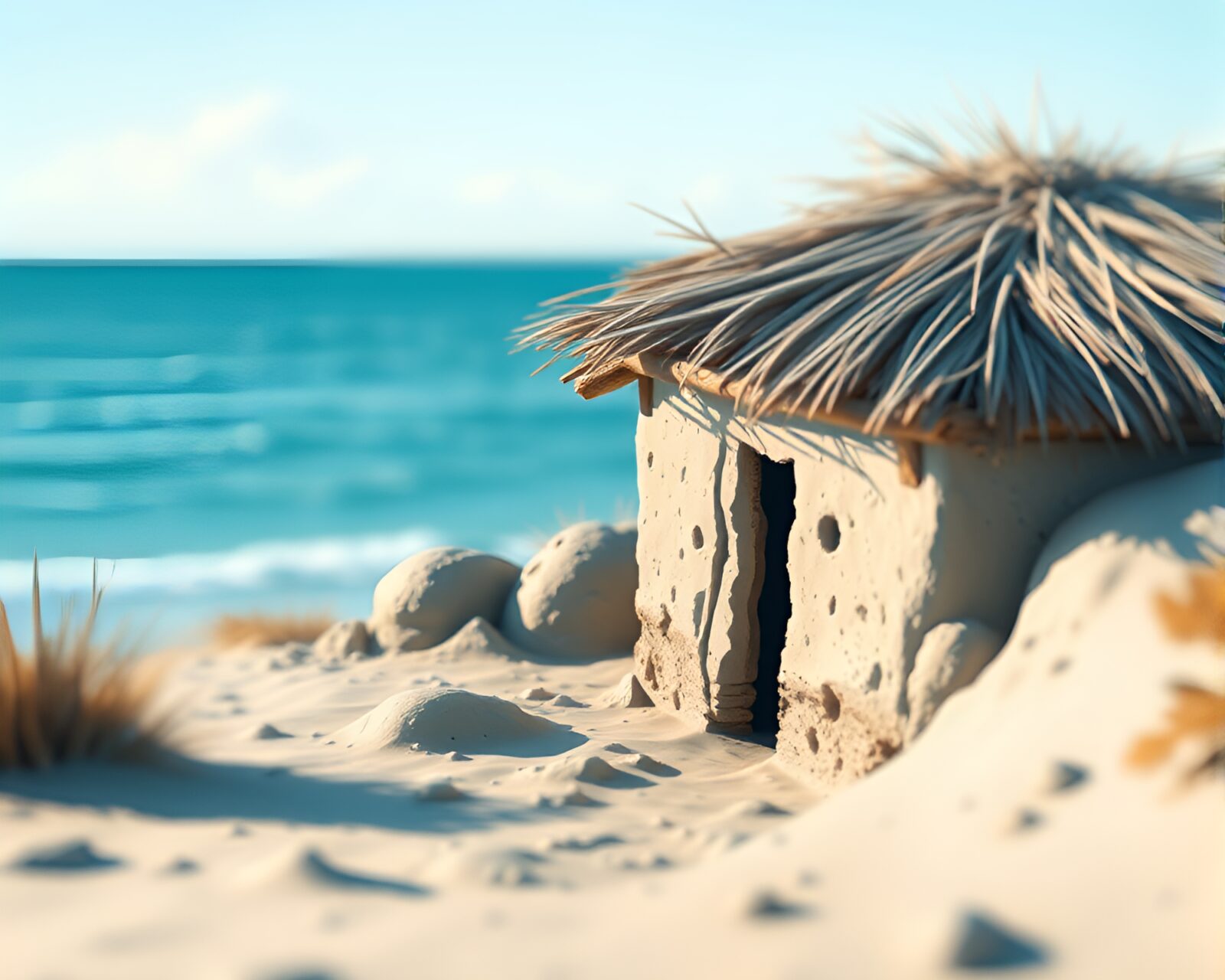 Fantastical vector art of a mud hut with shallow depth of field in a serene blue light