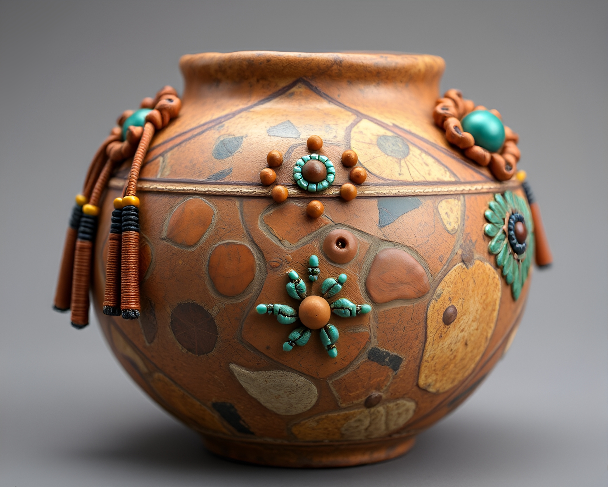 Surreal Beadwork Accents on Rustic Pottery in 3D Scan – free AI stock image