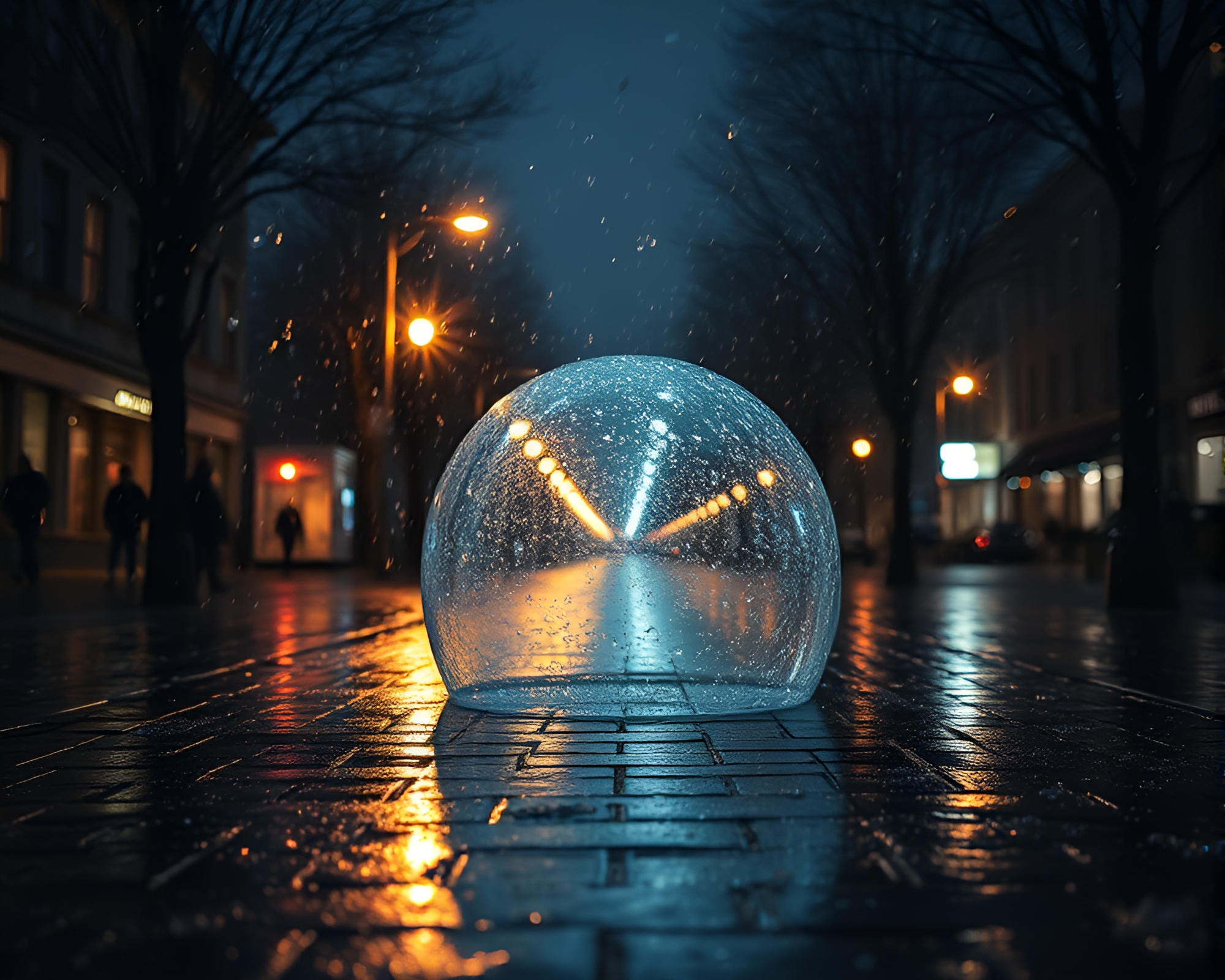Glass igloo in spotlight on wet pavement at night – free AI stock image