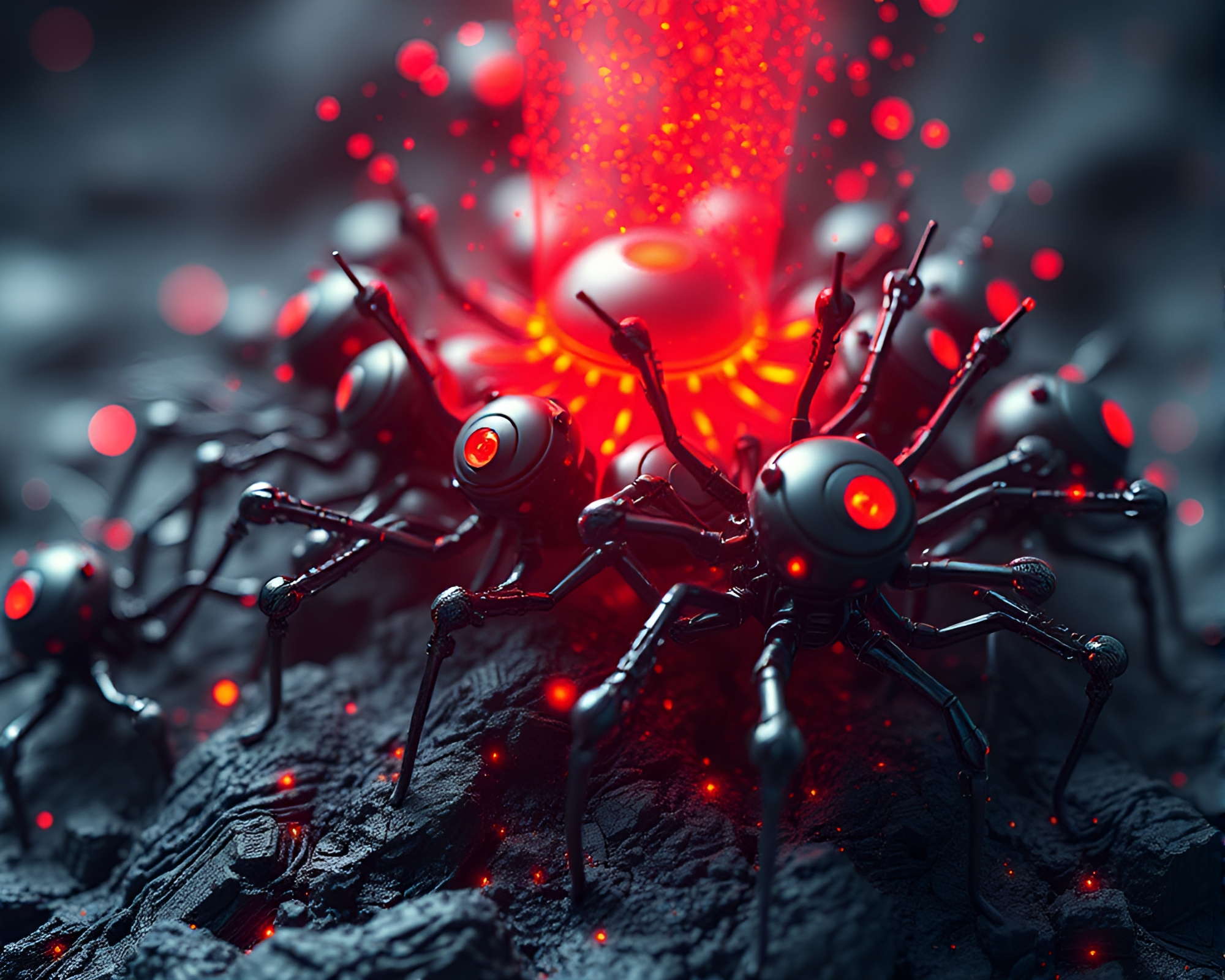 Nanobot Swarm in Volcano-Red Glow Close-Up – free AI stock image