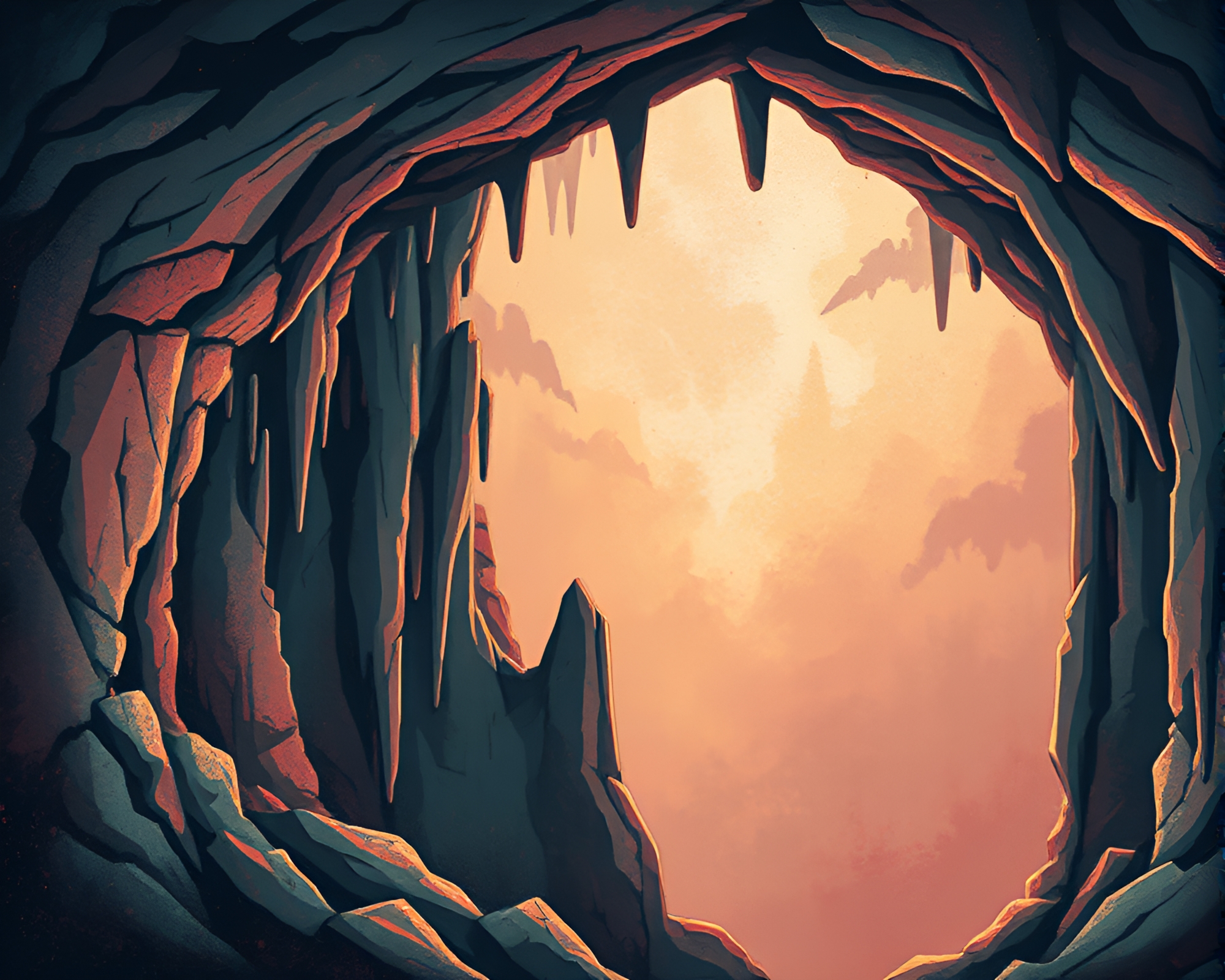 Stalactite Cave Graffiti Illuminated in Hazy Light – free AI stock image