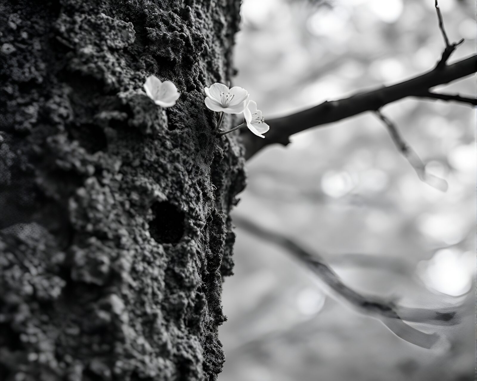 Serene image of cherry blossom tree in monochrome hues