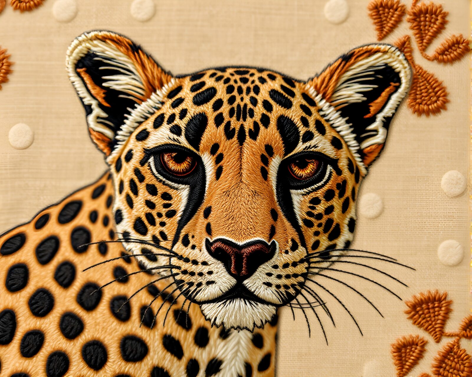 Detailed embroidered cheetah in earth tones with screen printing