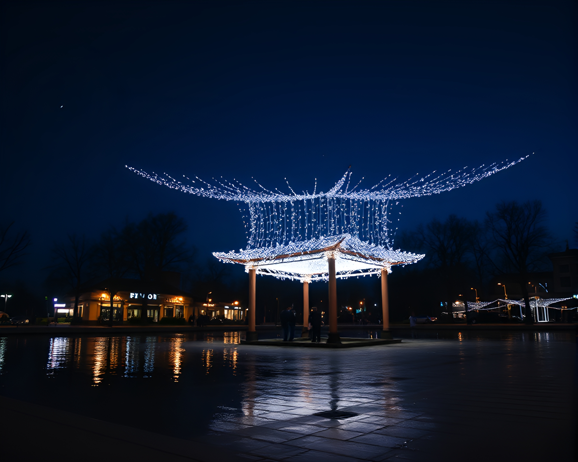 Serene Floating Pavilion in Blue Hour Street Art – free AI stock image