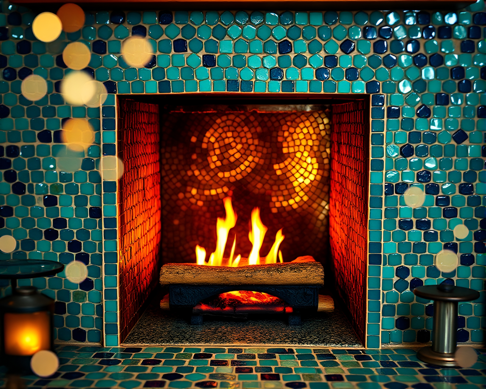 Enchanting Mermaid Mosaic By Fireplace with Bokeh Effect – free AI stock image