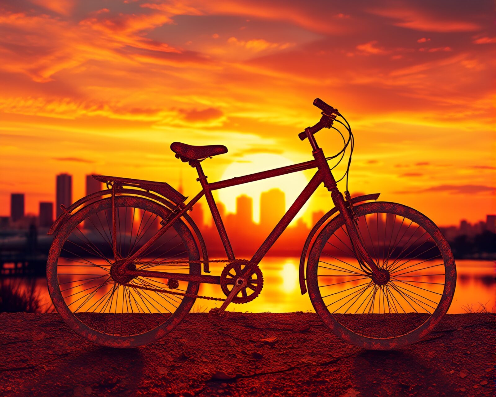 Abstract art of rusty bike under colorful fractal sunset