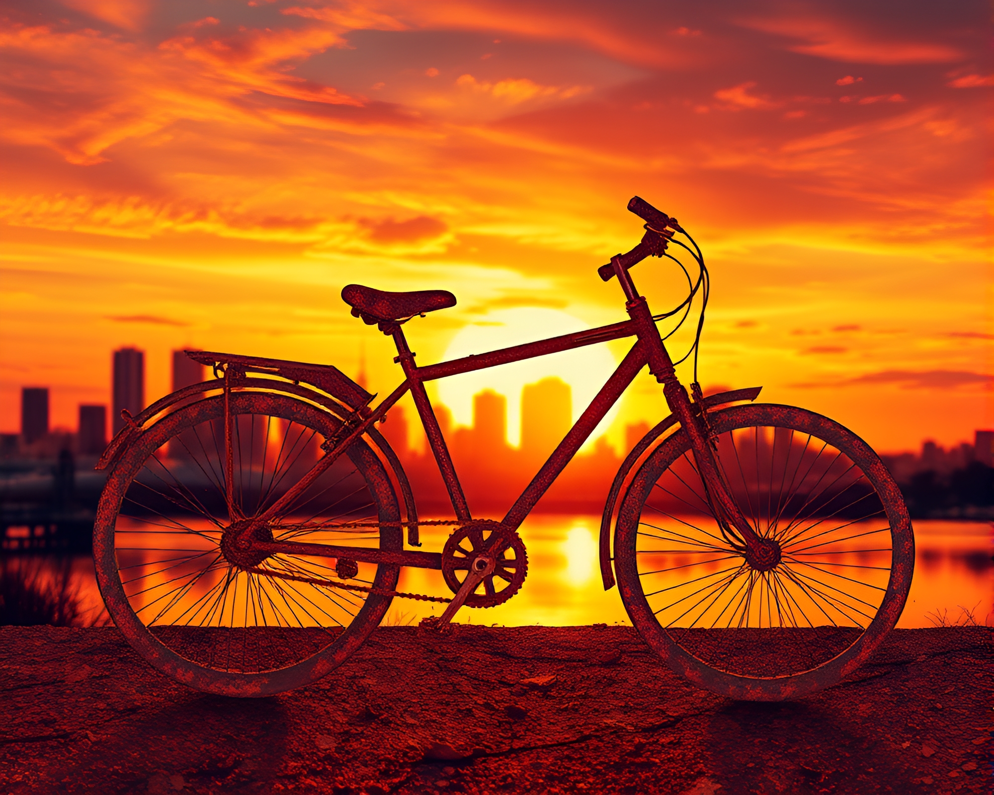 Rustic Bicycle Silhouette Against Fractal Sunset Skyline – free AI stock image