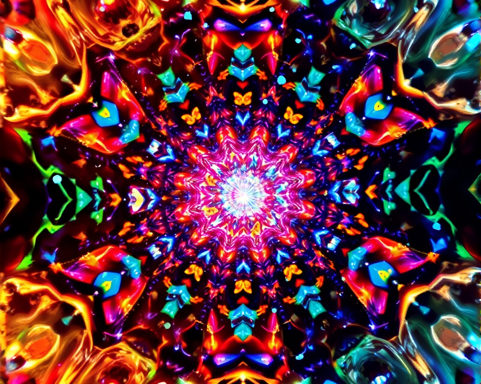 Vibrant swirls of fluorescent colors in intricate kaleidoscope pattern