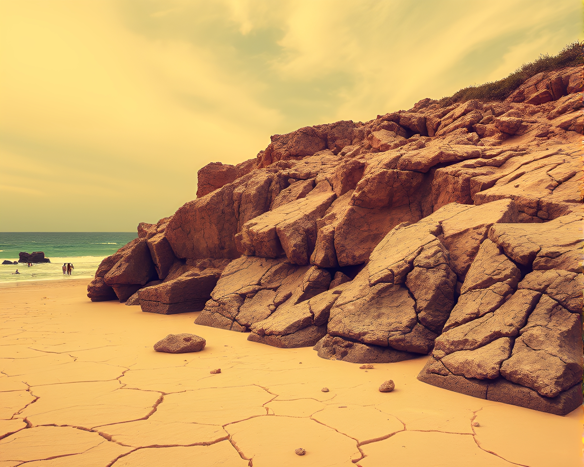 Cracked Earth Beach Sunset in Vaporwave Style – free AI stock image
