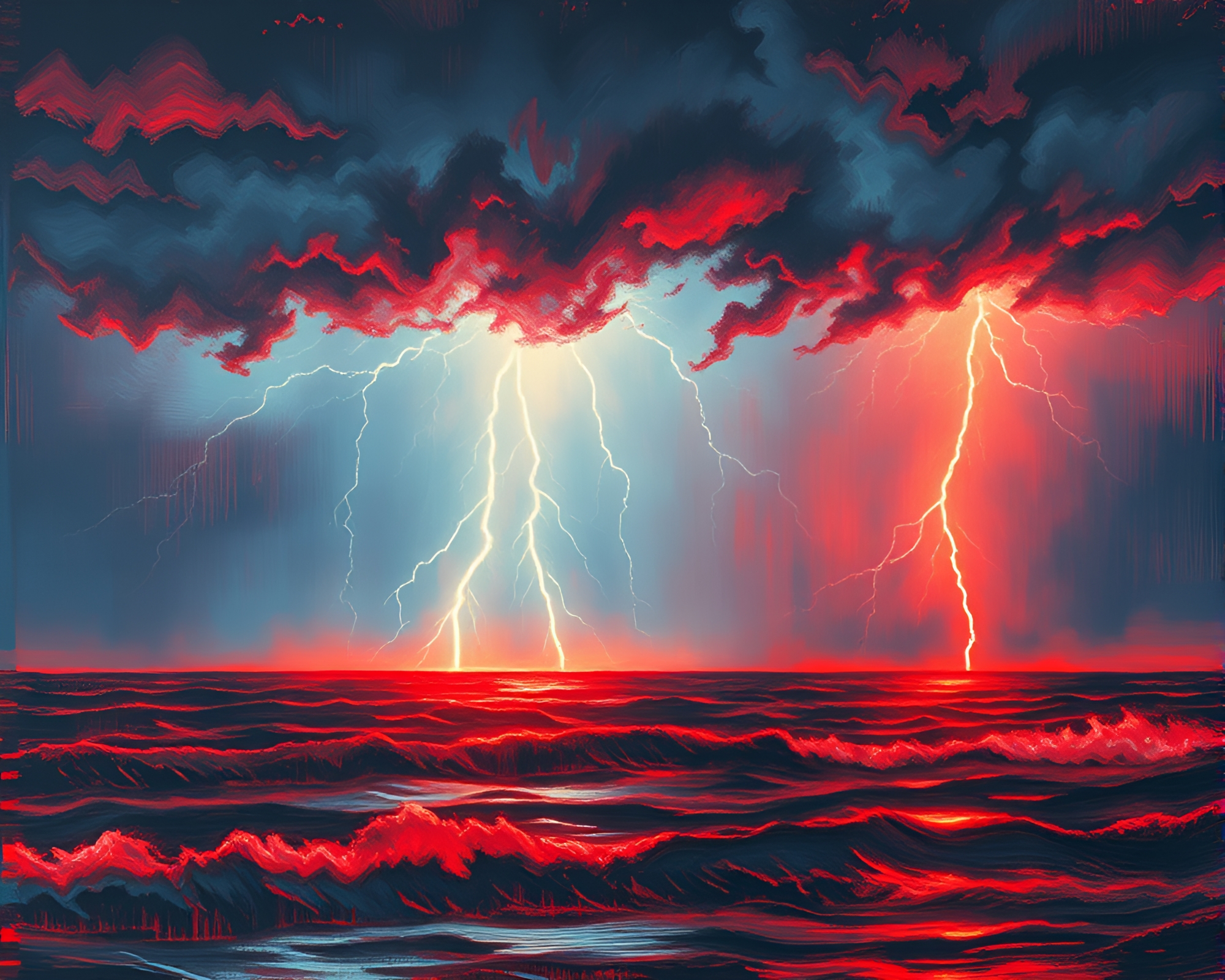 Neon Thunderstorm: Underpainting Ocean Crosshatching – free AI stock image