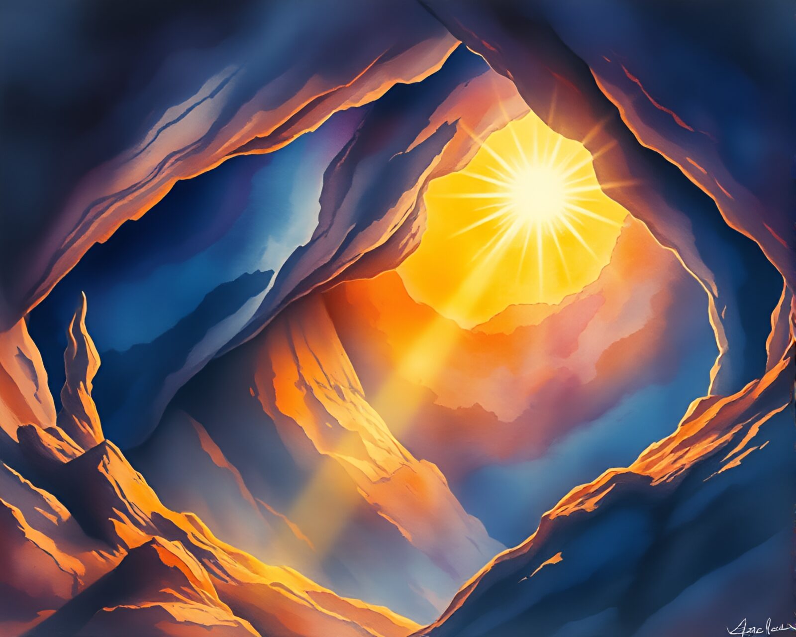 Stunning watercolor of ethereal cavern with radiant solar flare glow