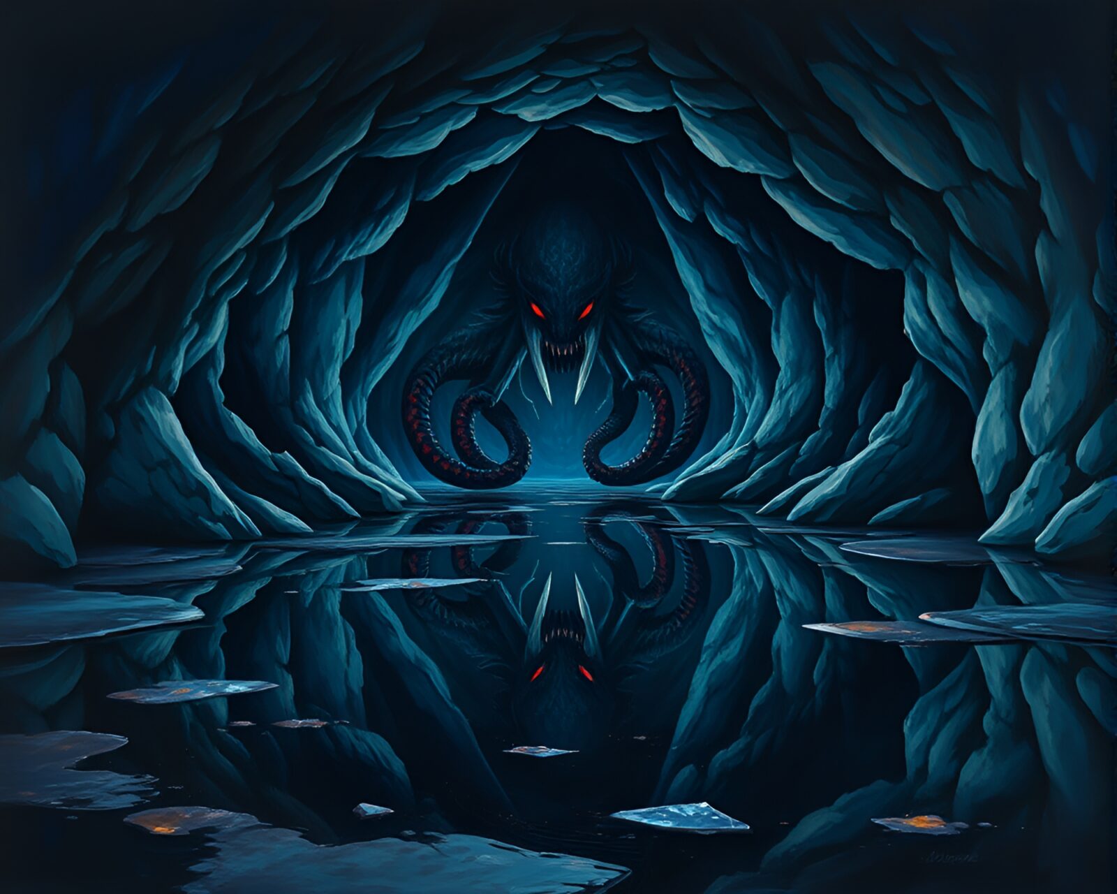Gouache painting of Kraken entering cave through puddle reflection