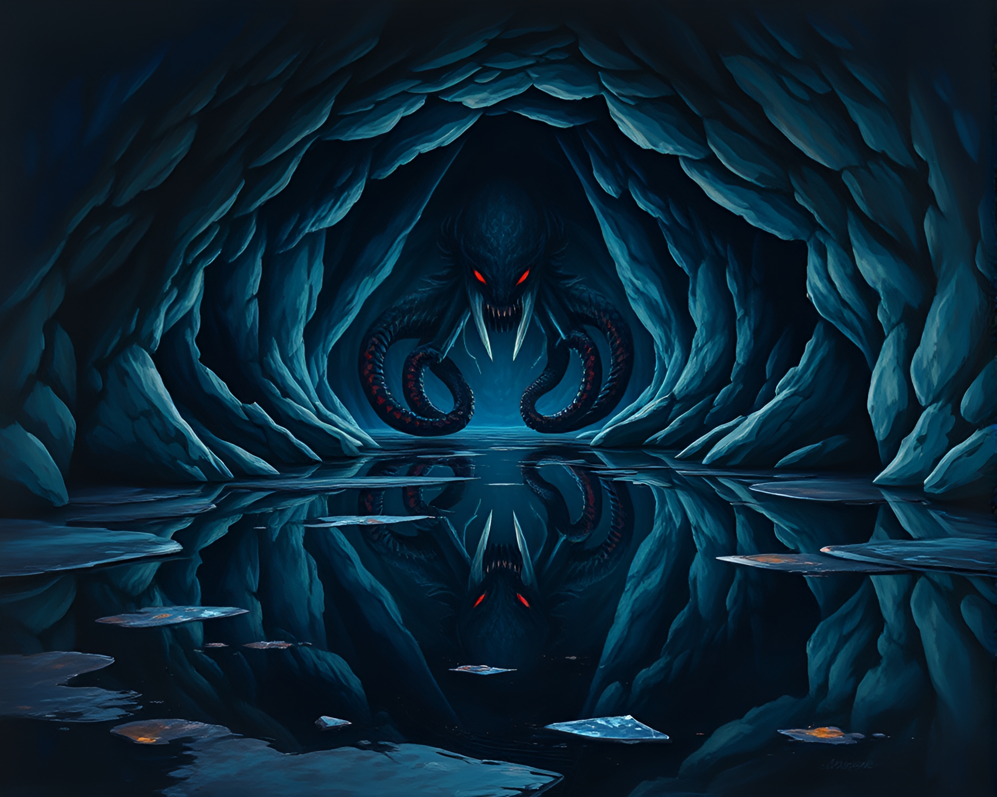 Mystical Kraken Emerging from Dark Cave Puddle Reflection – free AI stock image