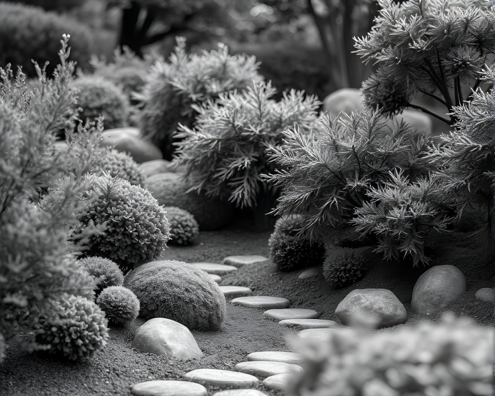 AI-generated zen garden with macro detail in graphite gray