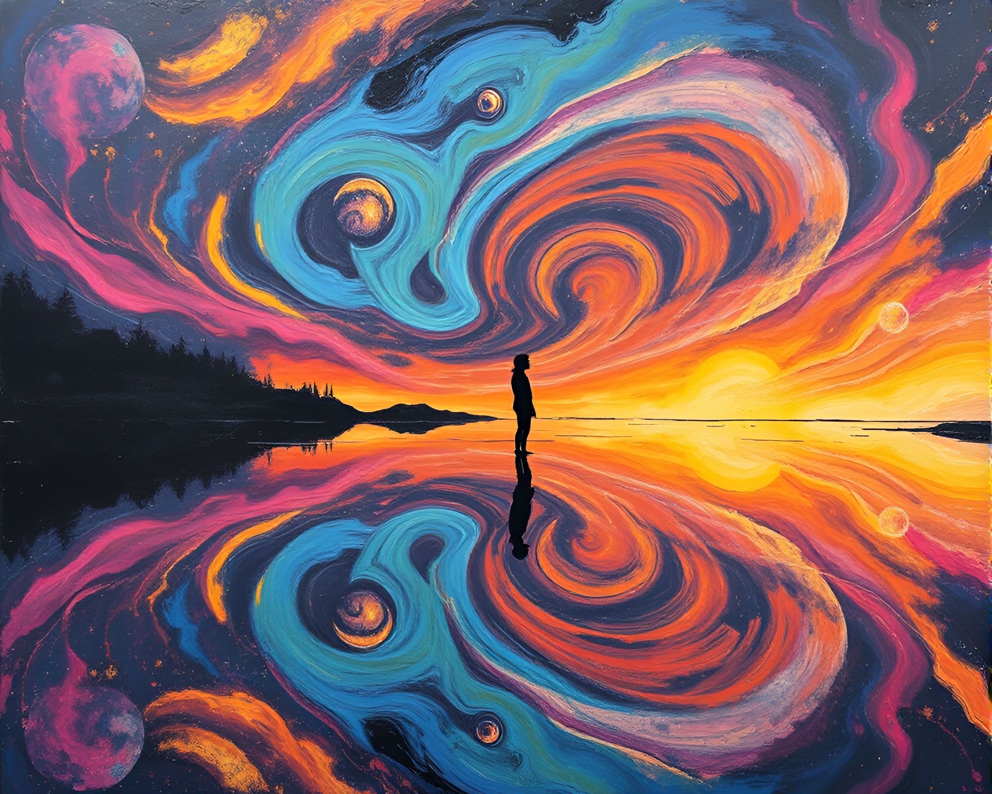 Psychedelic Planetary Reflection: Expressionist Swirls – free AI stock image