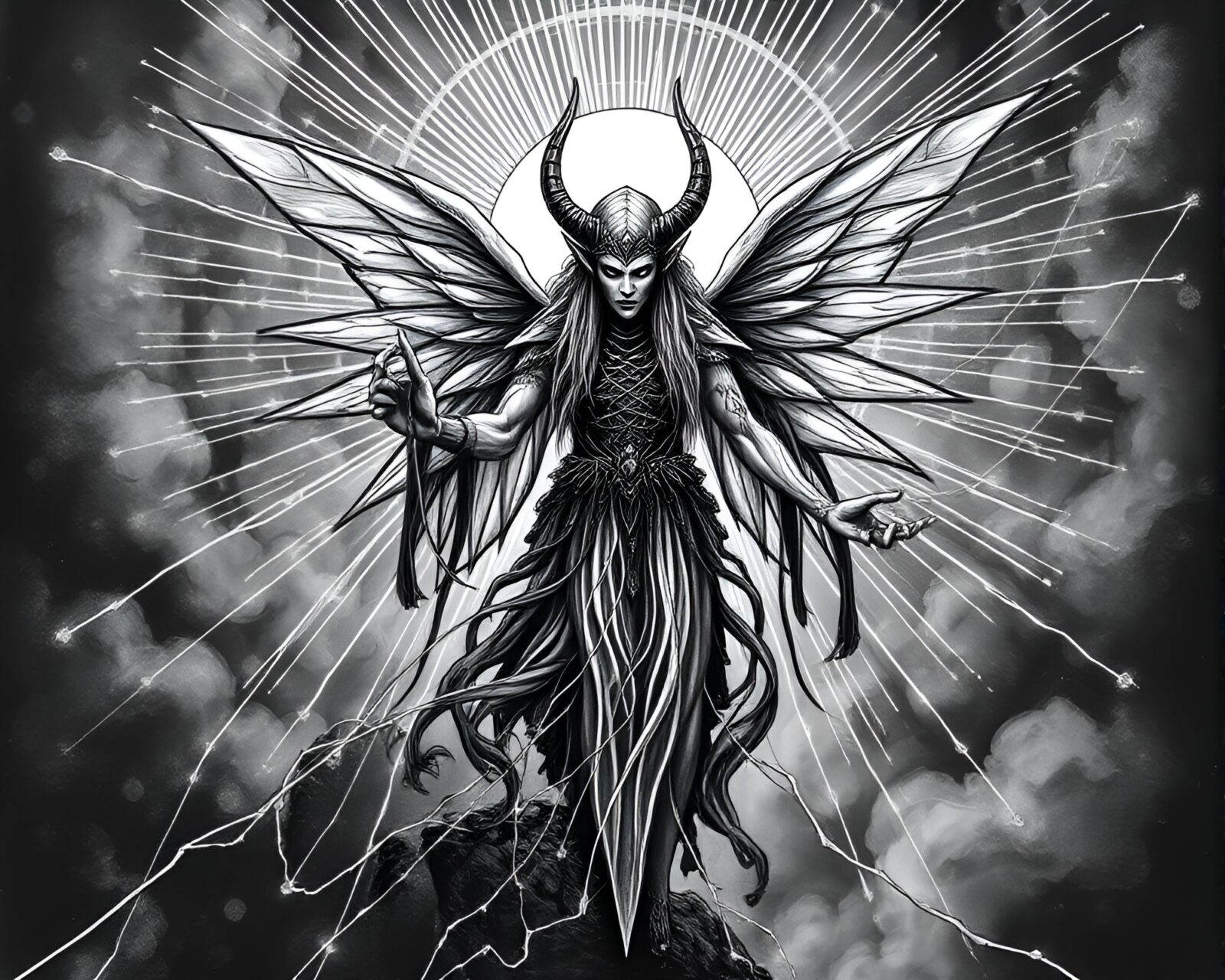 Mystical elf surrounded by cobwebs in ethereal tattoo style
