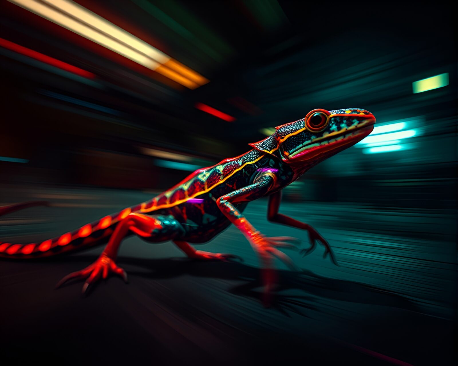 Ethereal basilisk creature with vibrant colors in motion blur