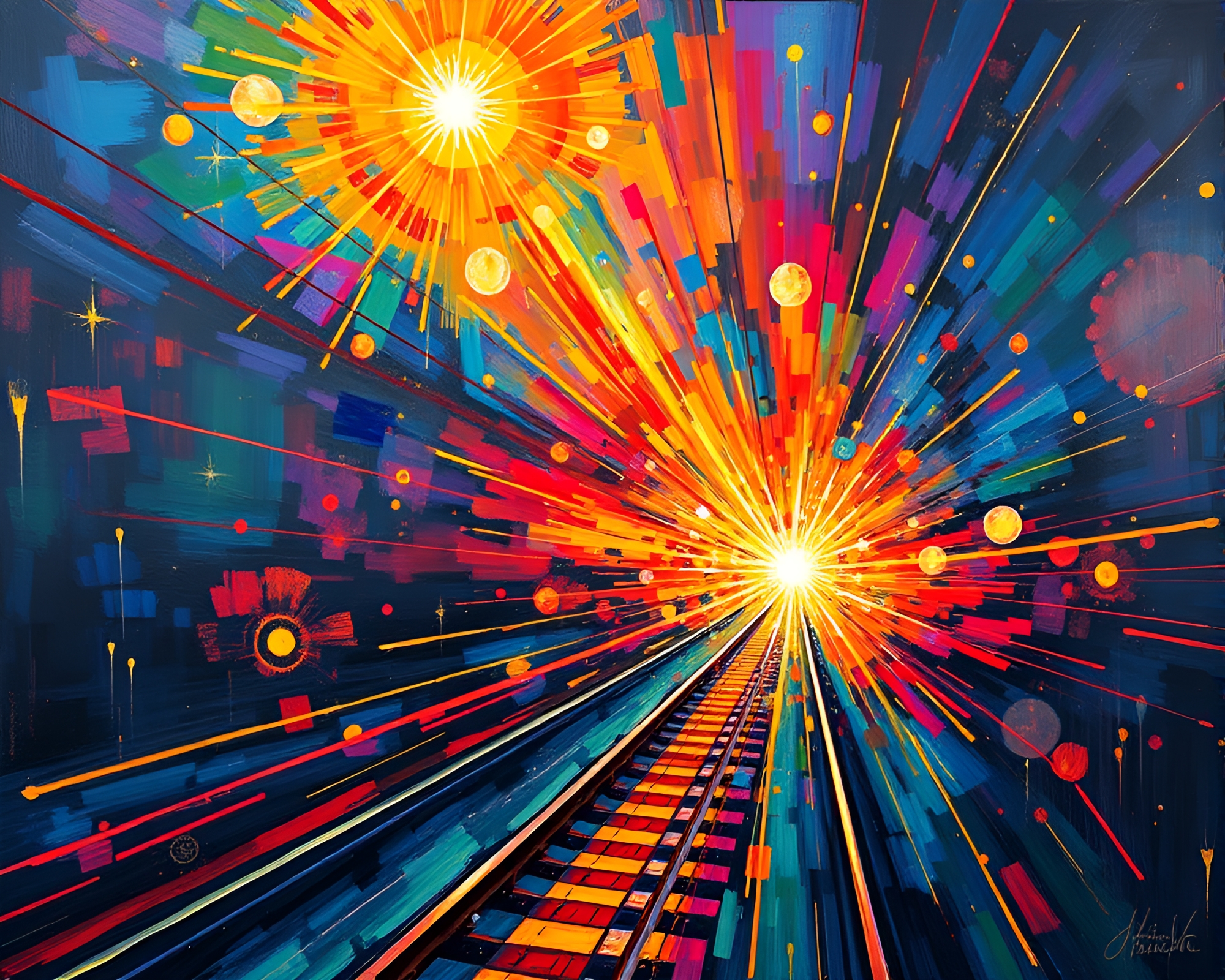 Vibrant Sacred Geometry Train Light Trails Painting – free AI stock image