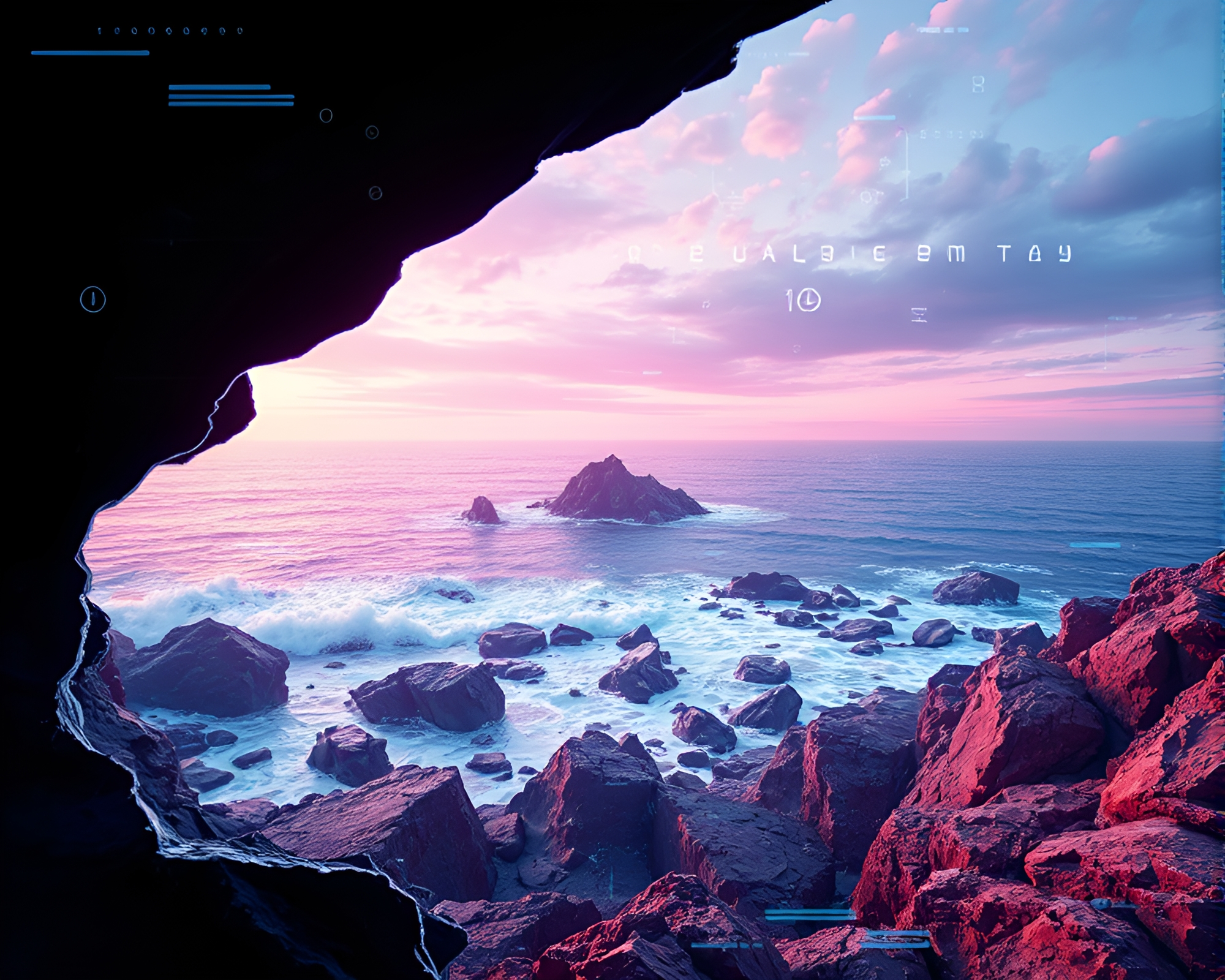 Torn Edges: Surreal Rocky Coastline with HUD Overlay – free AI stock image