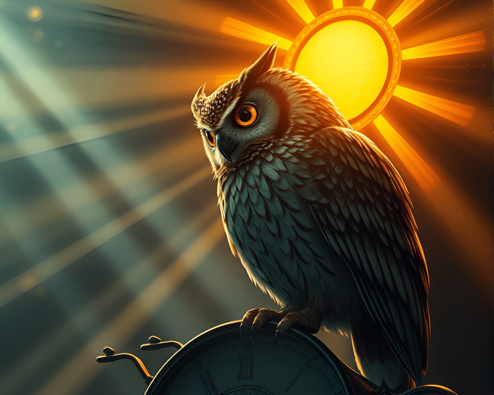 Ethereal owl surrounded by clockwork gears and film burns