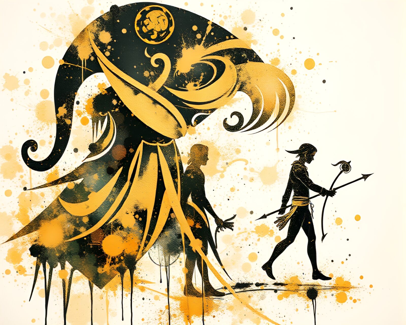 Beautiful minimalist painting of a golden elf in savannah