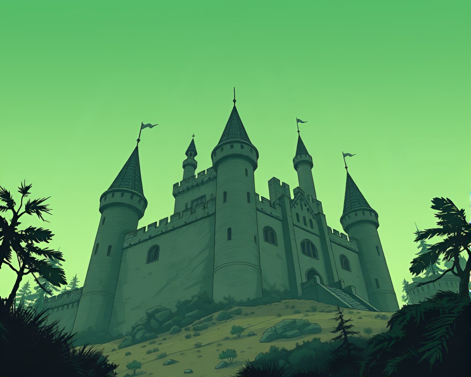 Low-angle shot of a deserted castle surrounded by lush greenery in comic book style