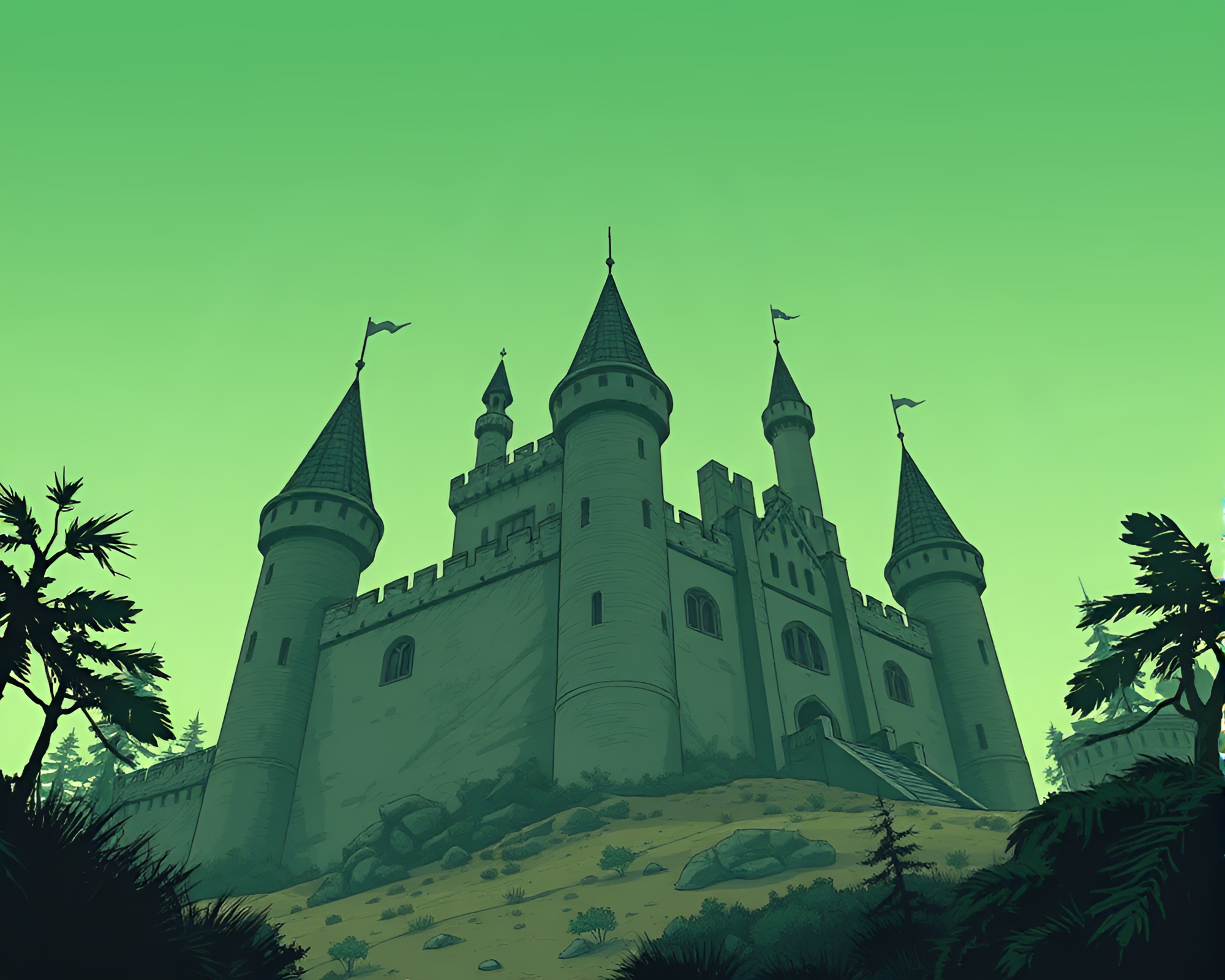 Deserted Castle in Forest-Green Shade Comic Book Scene – free AI stock image