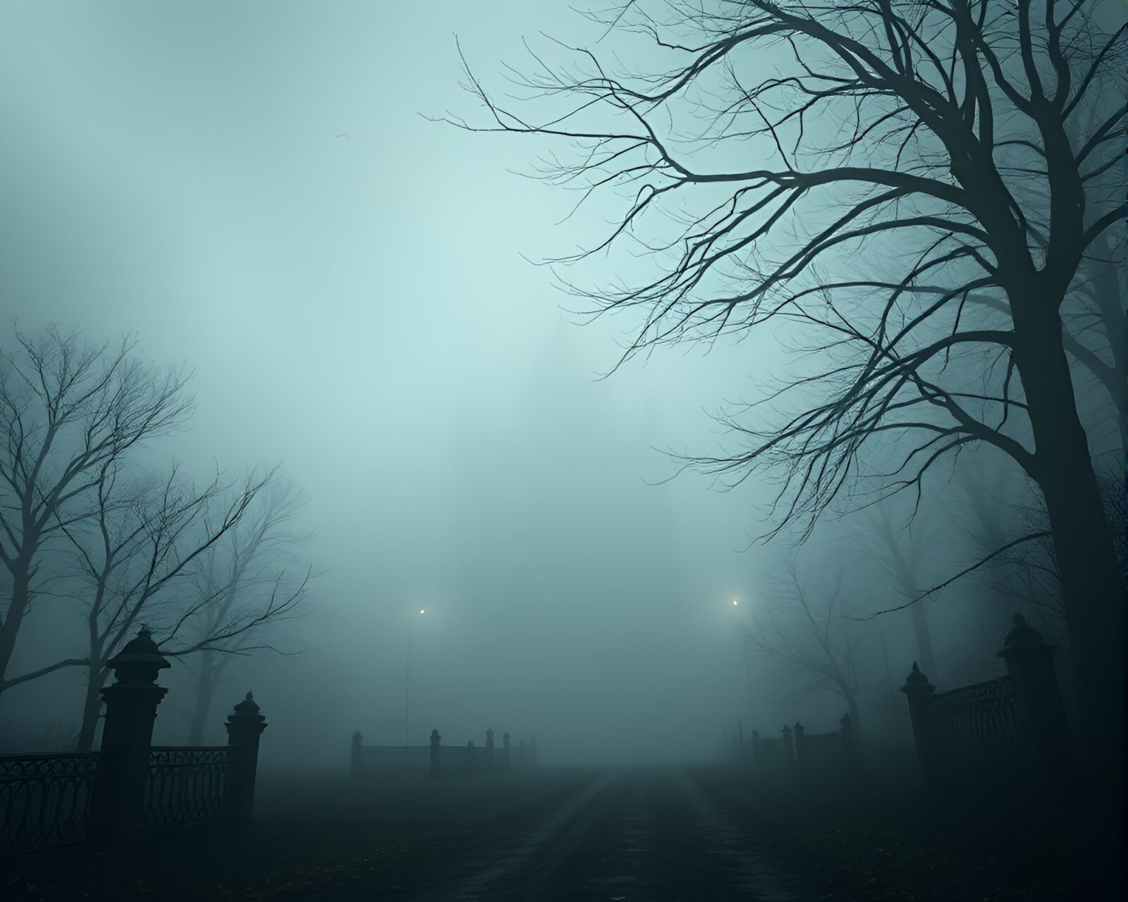 Eerie mist swirling around eerie Gothic structures