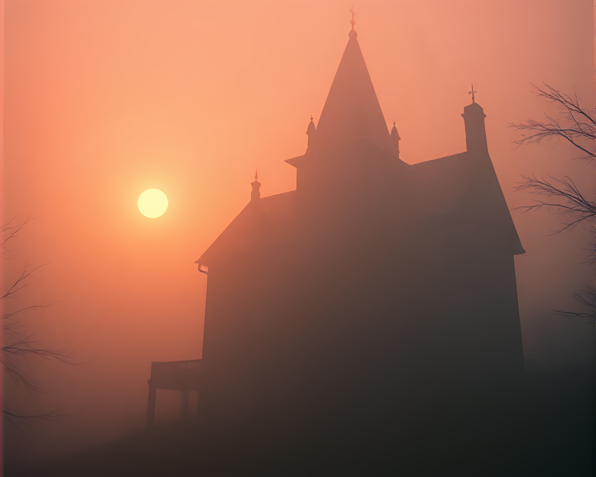 Neo-Gothic Mansion at Dawn Mist with Floating Particles – free AI stock image