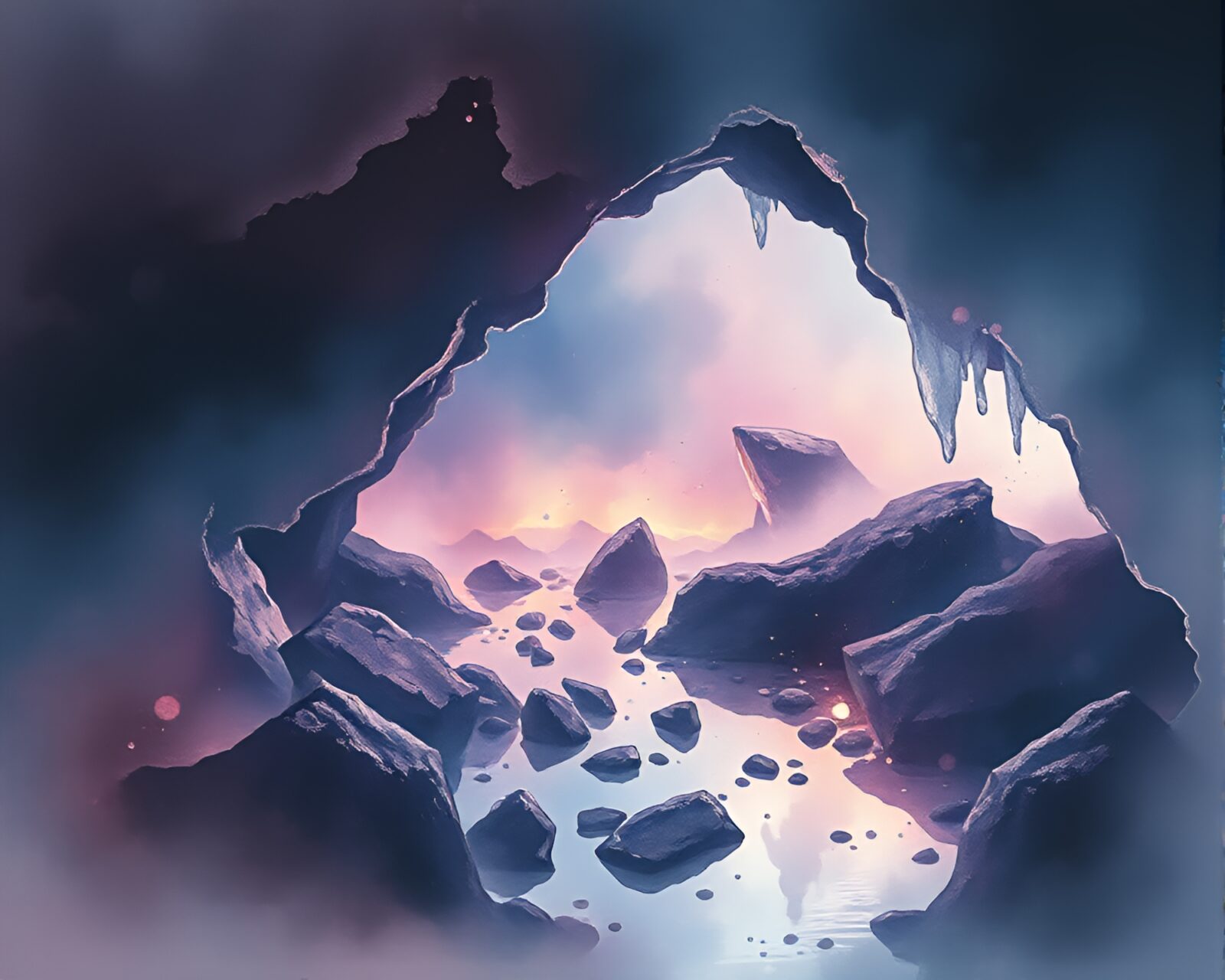Surrealistic ink wash rendering of a sparkling cave interior