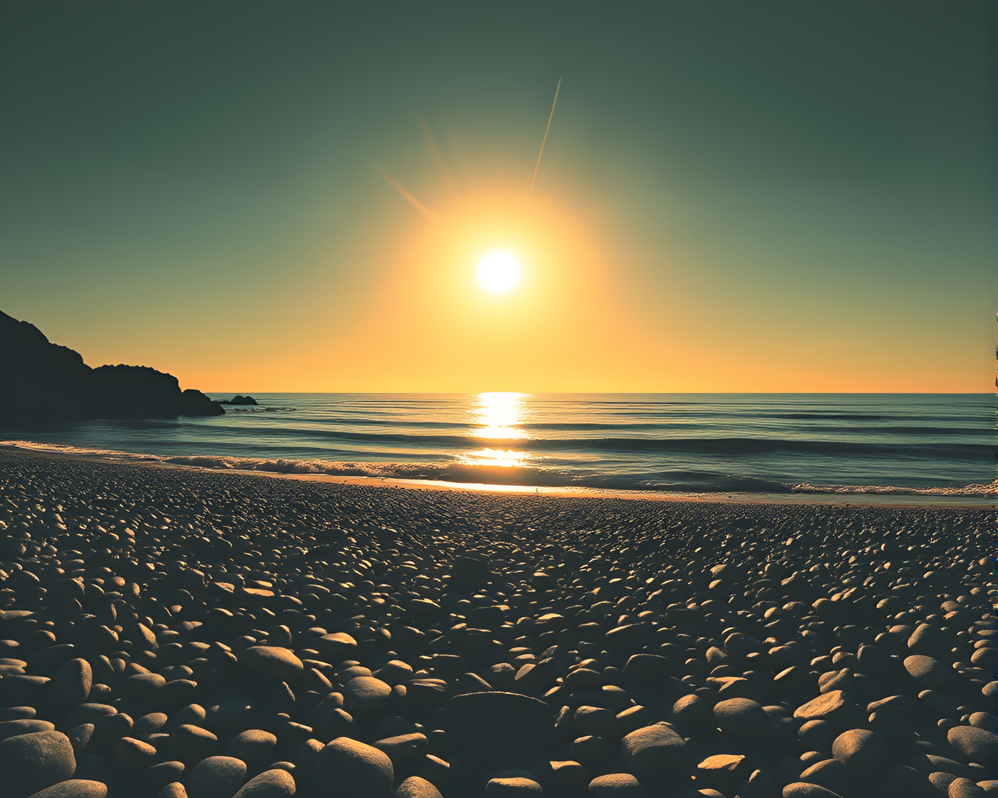 Sunset Silhouette on Pebble Beach Shoreline – free AI stock image