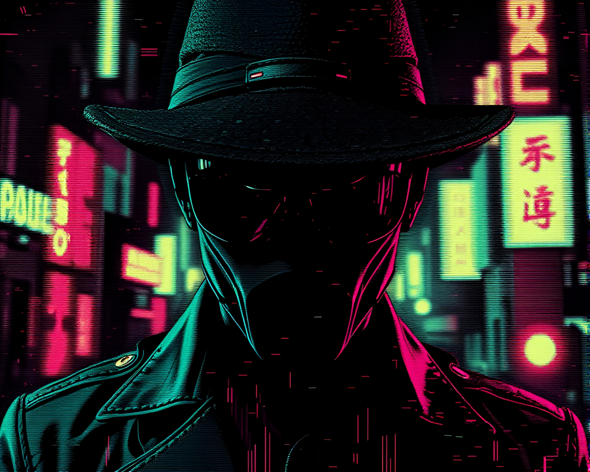 Cyberpunk Vigilante in Halftone Grid Cityscape – free AI stock image