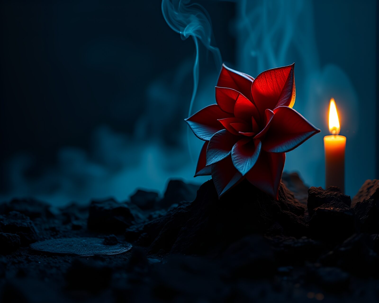 Artistic scene with candlelit origami flower and volcanic ash